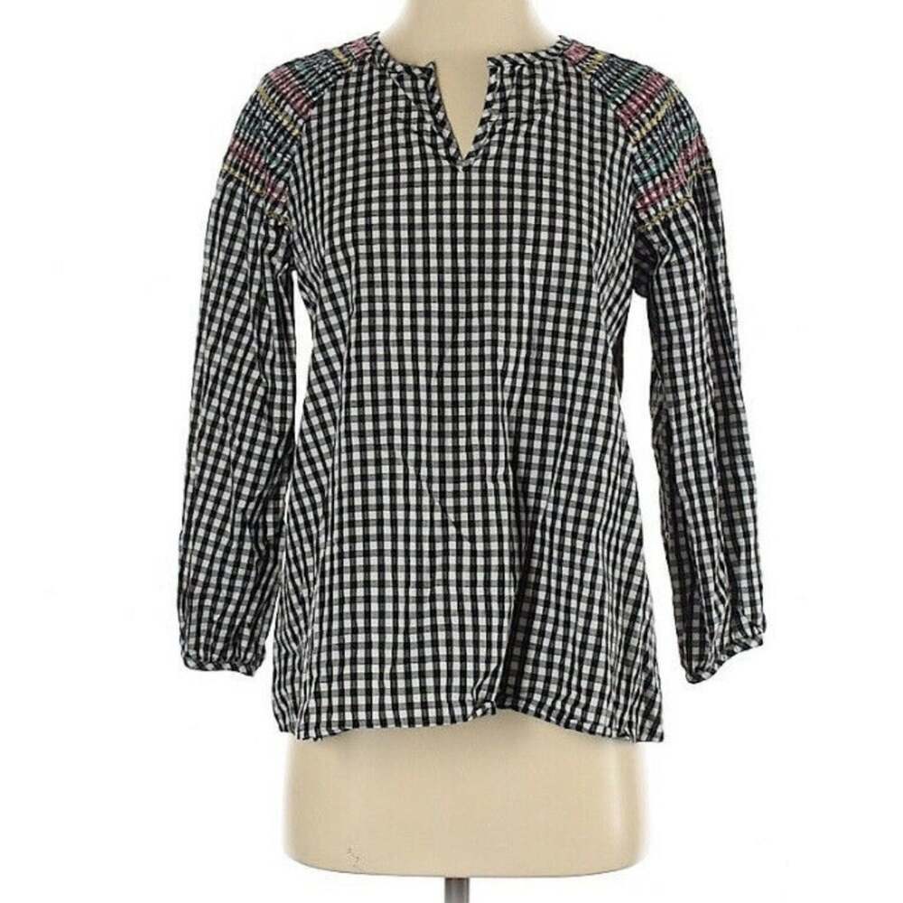 Madewell Black White Gingham Embroidered Blouse Womens XS Boho Beachy Plaid